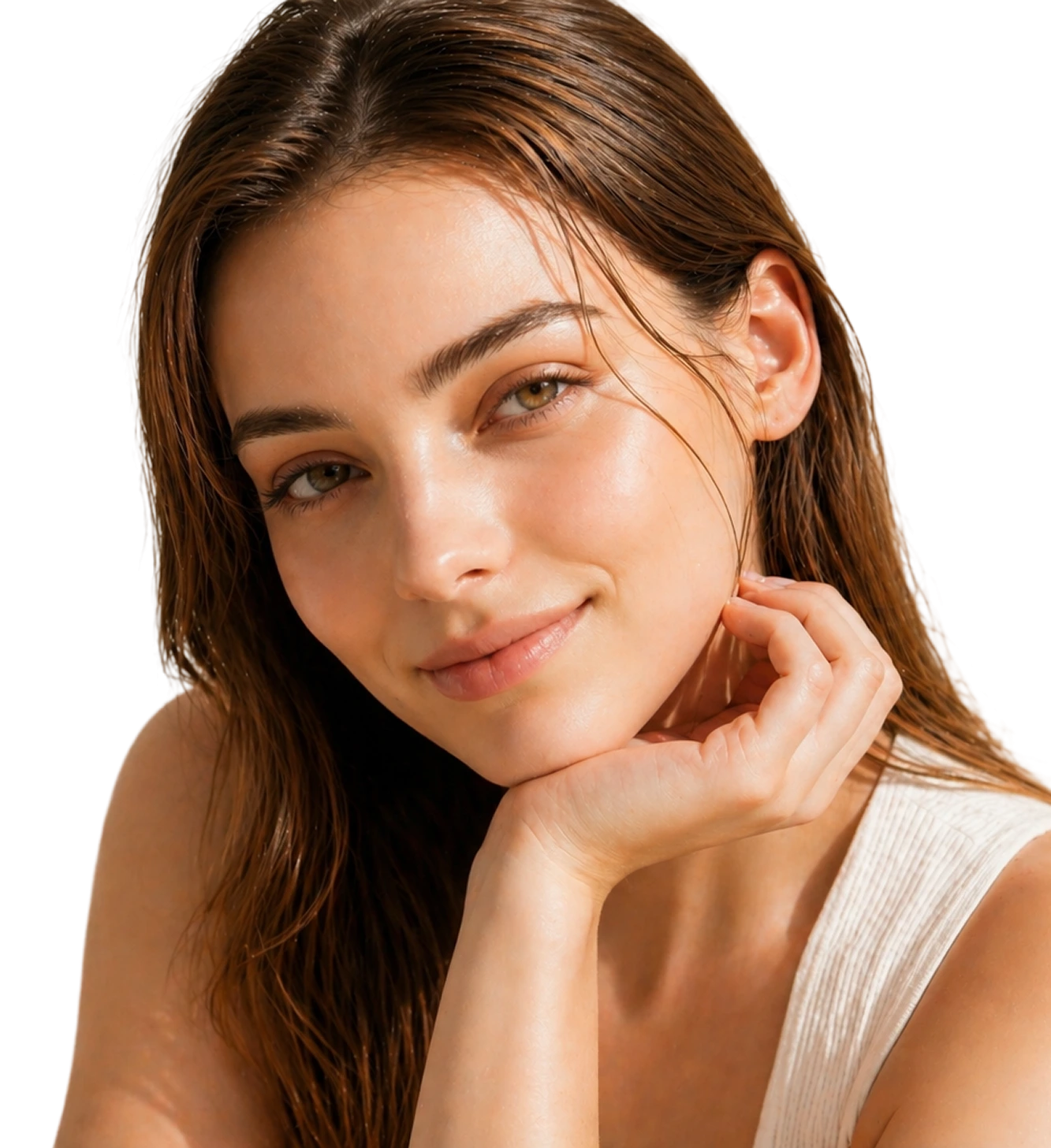 Woman with long brown hair and clear complexion, touching face with hand