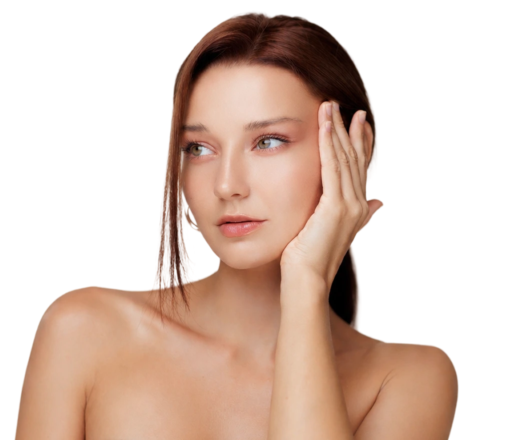 Woman with hand on face touching smooth complexion