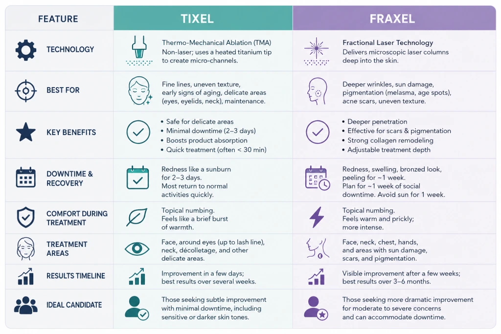Comparison chart of Tixel and Fraxel treatments showing technology, best uses, key benefits, downtime, comfort, treatment areas, results timeline, and ideal candidates