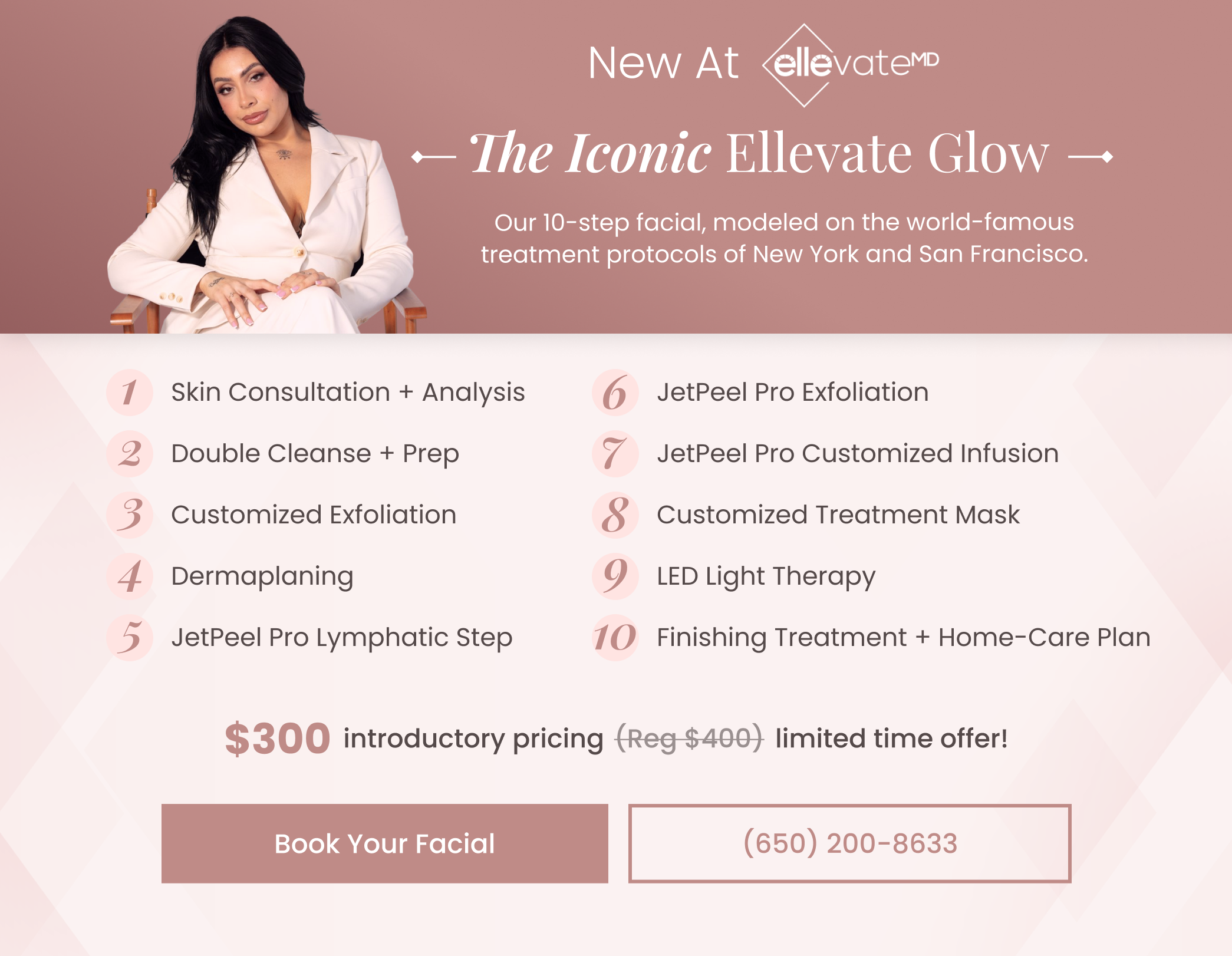 The Iconic Ellevate Glow — 10-step facial, $300 introductory pricing (reg $400). Book now.