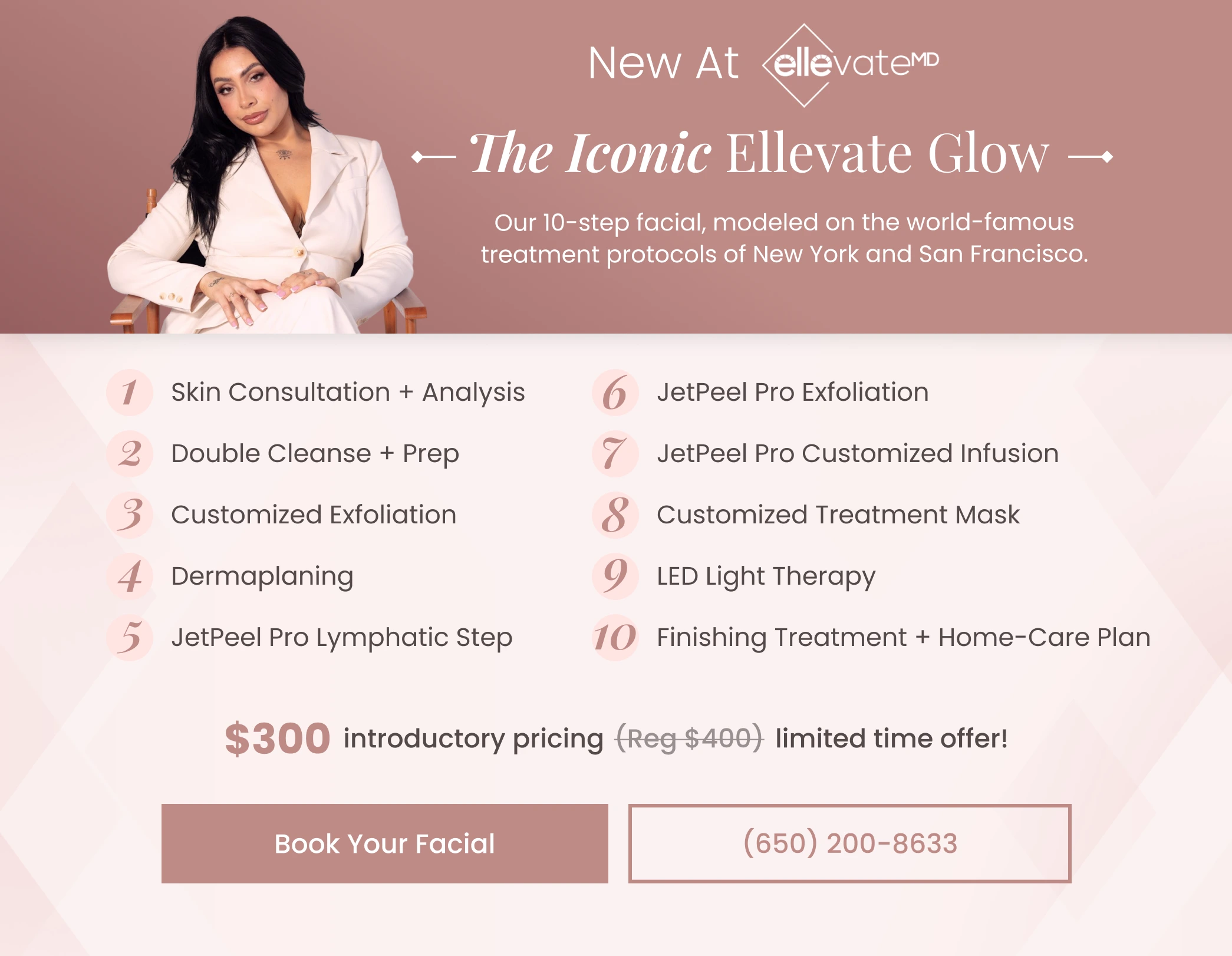 The Iconic Ellevate Glow — 10-step facial, $300 introductory pricing (reg $400). Book now.